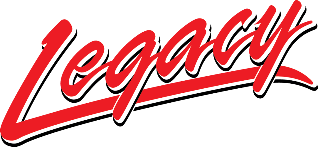 Logo spelling out the word Legacy in red white and black. 